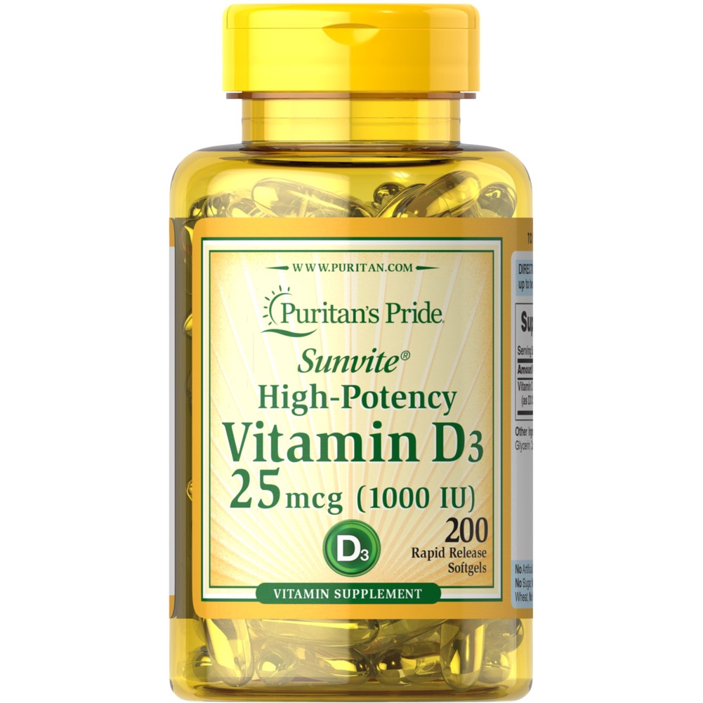 VITAMIN D3 1000 IU (25mcg) PURITAN’S PRIDE MEGA-POTENCY 200 SOFTGEL ORIGINAL USA