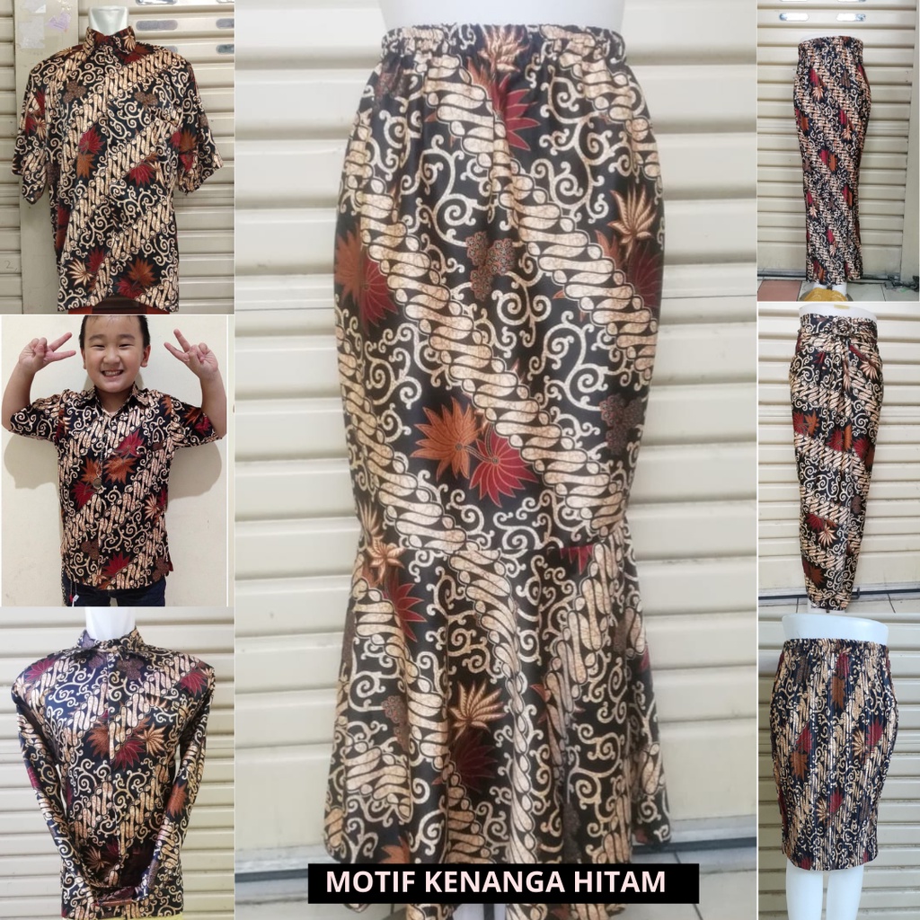 Setelan Couple Kemeja Batik / Kemeja Batik Anak / Rok Duyung / Rok Plikset / Rok Lilit Bawahan Kebaya Motif Kenanga Hitam