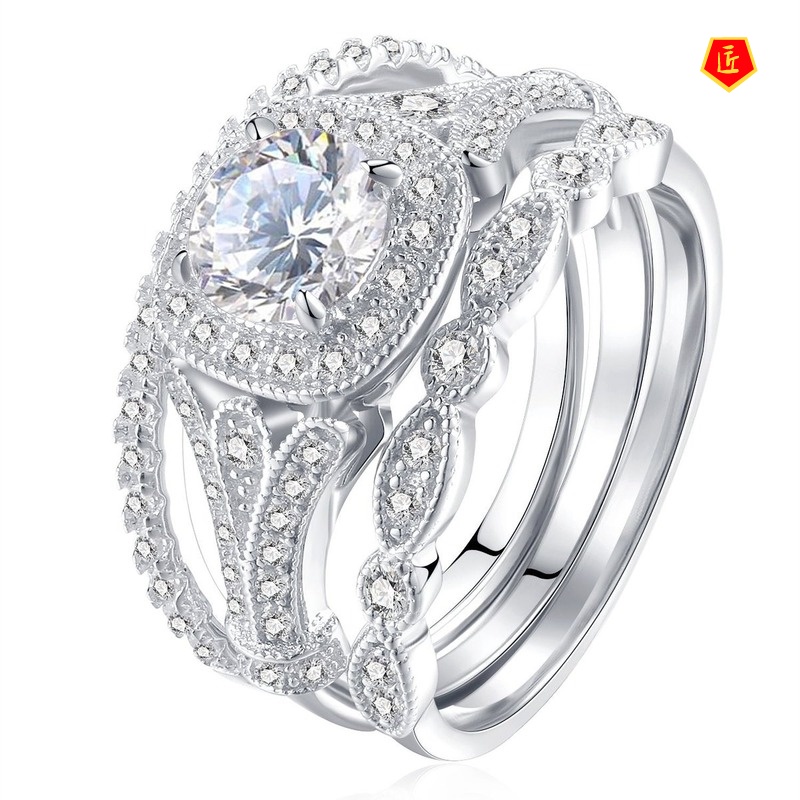 [Ready Stock]Topaz Full Diamond Three Ring Set Luxury Fashion Elegant