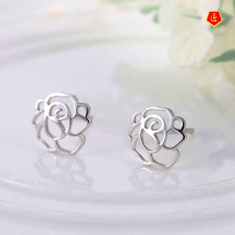 [Ready Stock]Elegant Hollow Peony Silver Stud Earrings