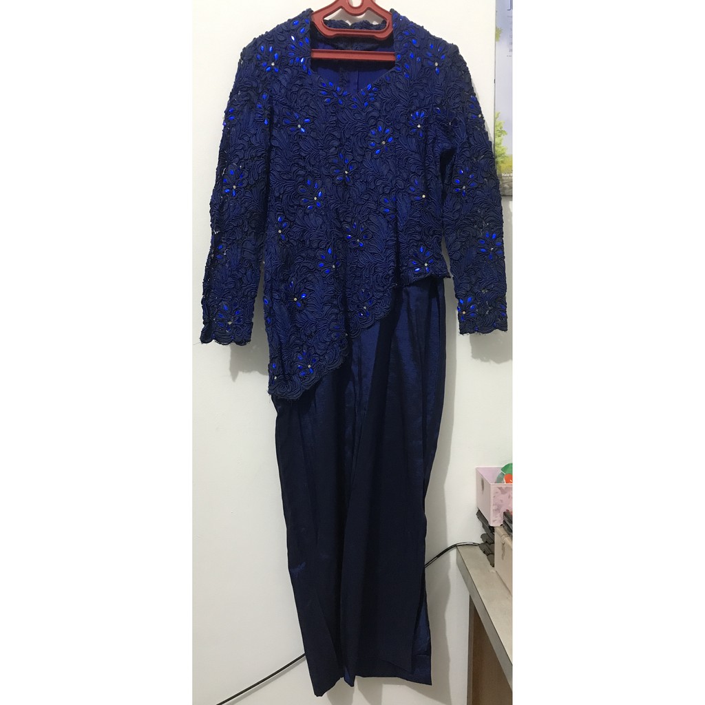 Preloved Party Dress Kebaya Biru Brokat Motif Bunga Chiffon Furing Payet