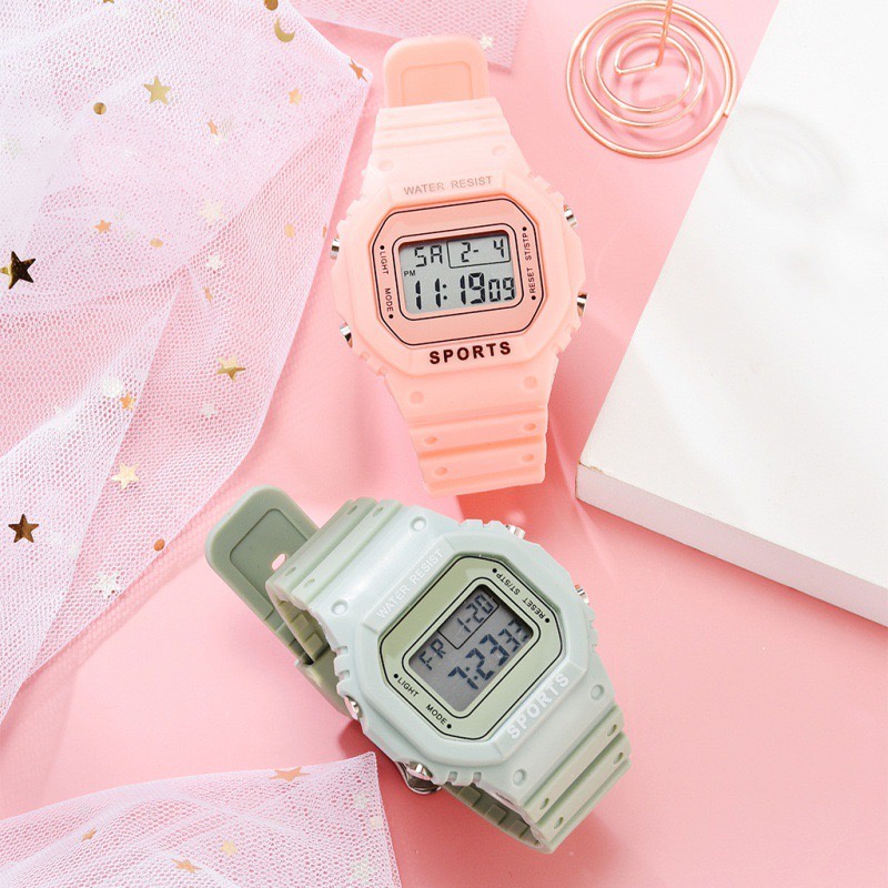 JAM TANGAN DIGITAL OLAHRAGA SPORT ANTI AIR WARNA PASTEL WANITA UKURAN SEDANG