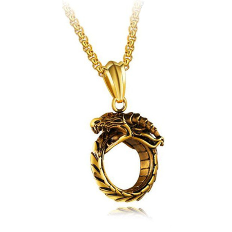 Kalung Liontin Ouroboros Warna Silver Gaya Hip Hop Retro Untuk Pria