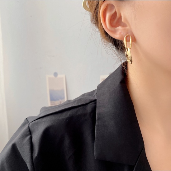 ANTING TITANIUM KOREA PEREMPUAN DEWASA RANTAI BENTUK BULAT EMAS GANDA ANTI KARAT AKSESORIS ANT87