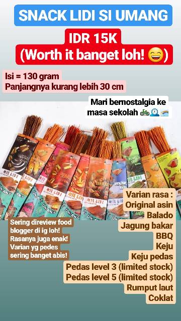 

LIDI SI UMANG - SNACK LIDI SI UMANG - LIDI KEKINIAN - LIDI JAMAN SEKOLAH - SNACK JAJANAN - SNACK