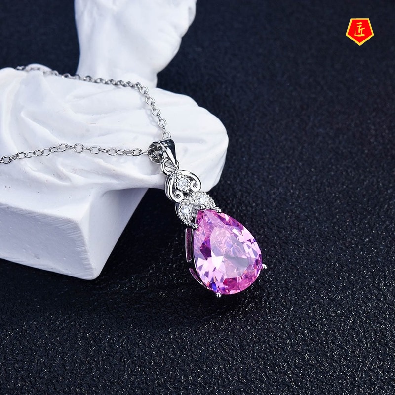 [Ready Stock]Refined Grace Crystal Inlaid Pink Diamond Water Drop Pear-Shaped Pendant