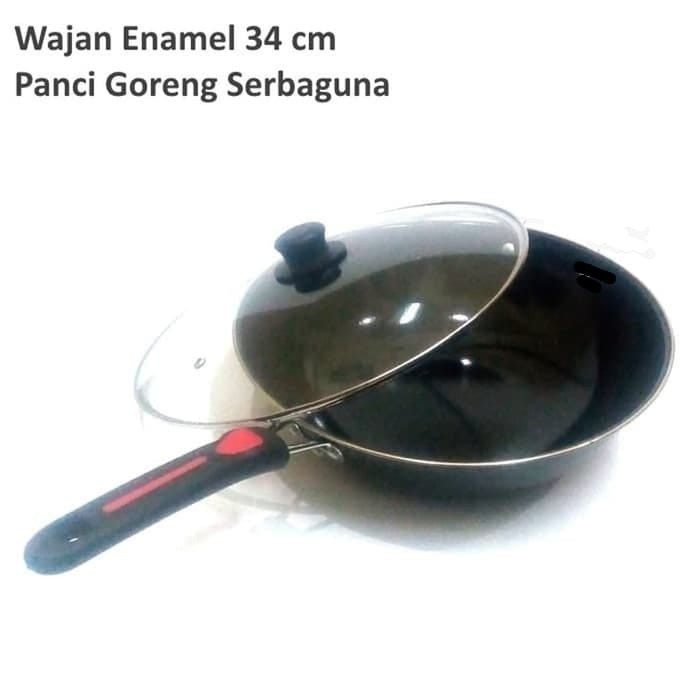 Enamel Gagang 34 Cm + Tutup Kaca - Wajan Anti Lengket - Penggorengan Serbaguna