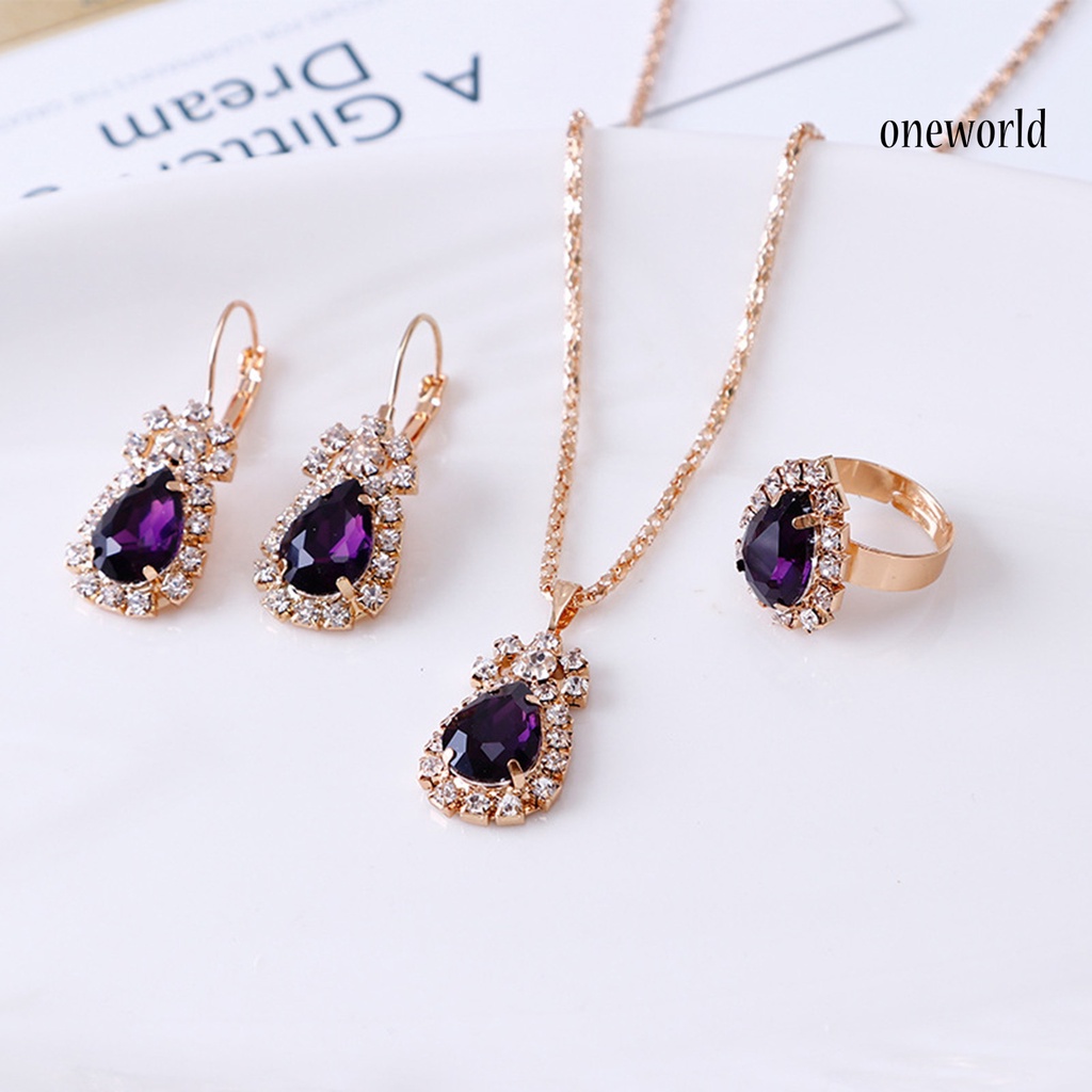 OW@ 3Pcs/Set Women Water Drop Bright Alloy Rhinestone Pendant Necklace Earrings Ring Jewelry Set for Valentine Day