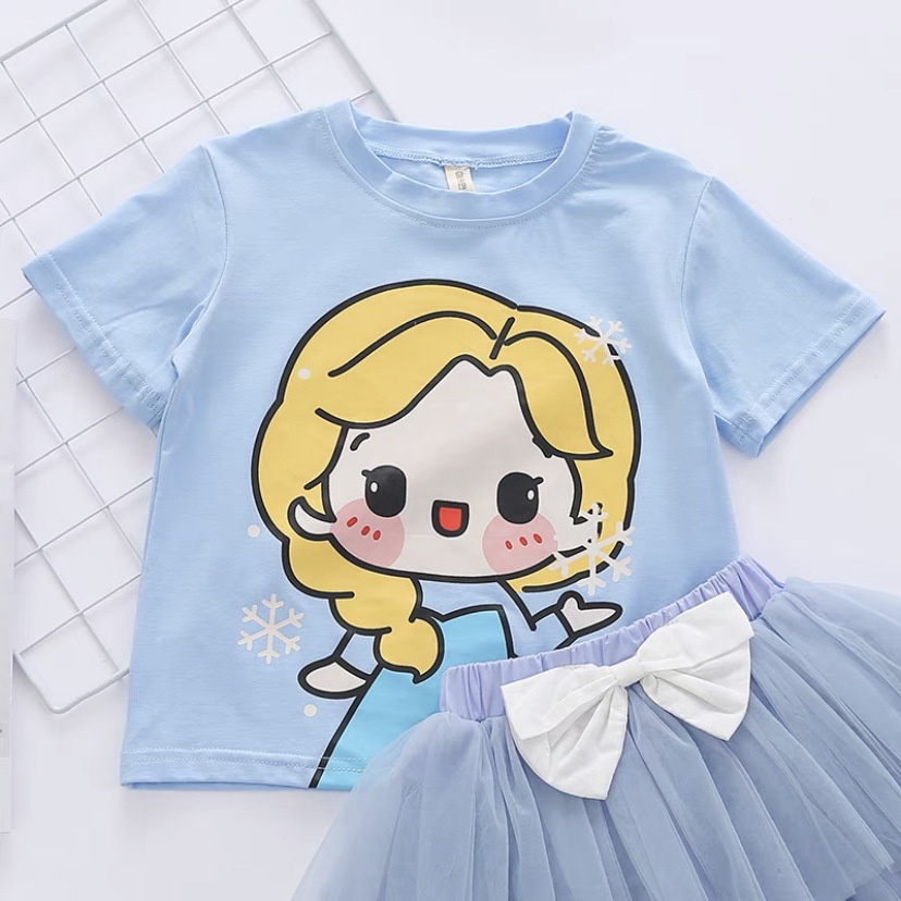 Setelan Anak Perempuan Kaos dan Rok Tutu Princess Frozen Elsa Mermaid Snow White Import Premium