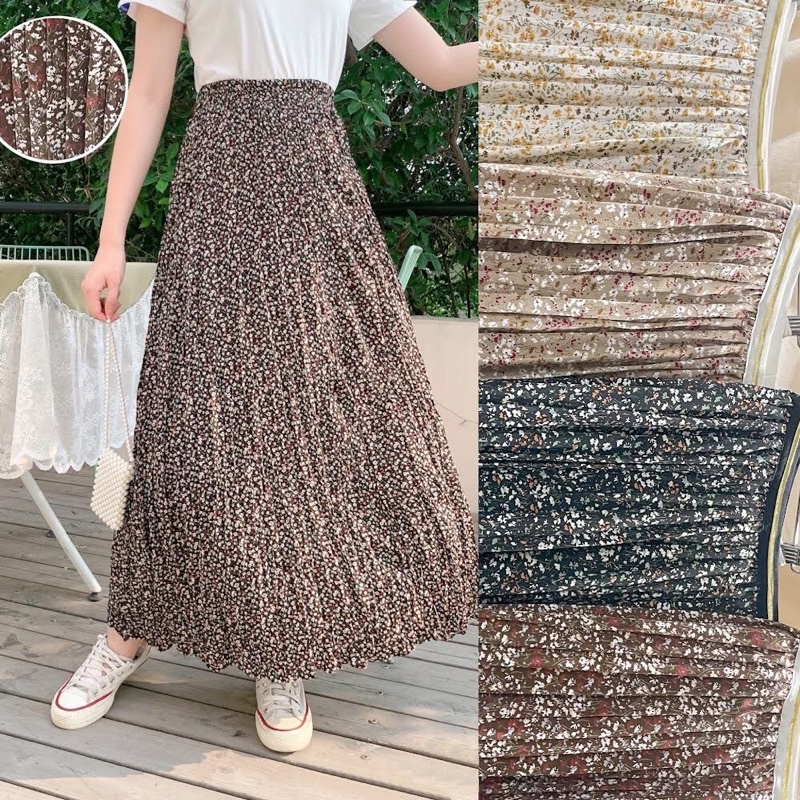 Korean Chiffon Flower Pleated Long Skirt with Gold List Import Premium ( Rok Sifon Korea Prisket Panjang Lis Pinggang Emas )
