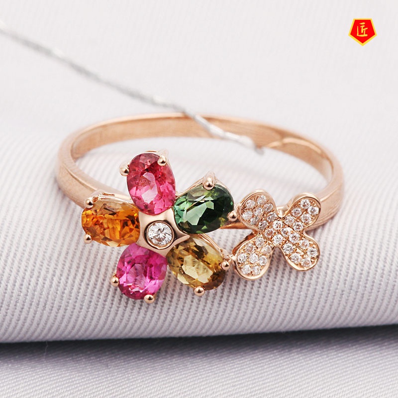 [Ready Stock]Colorful Gemstone Flower Ring Rose Gold Elegant Personality