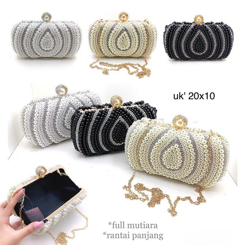 tas pesta air drop mutiara pearl beads beaded manik glitter clutch party bag white black gold emas p