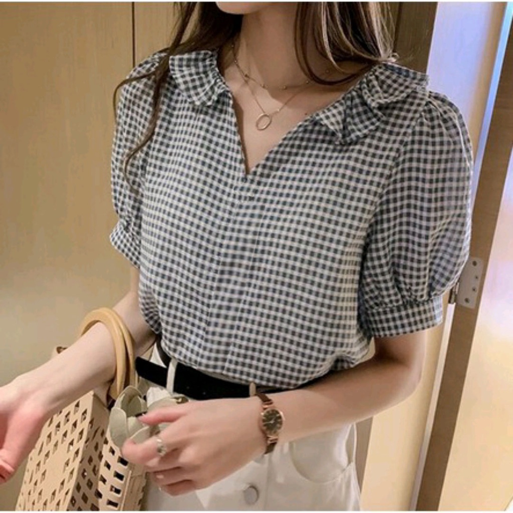 Atasan Wanita Tangan Pendek Motif Kotak / Blouse Wanita Korean Style 890