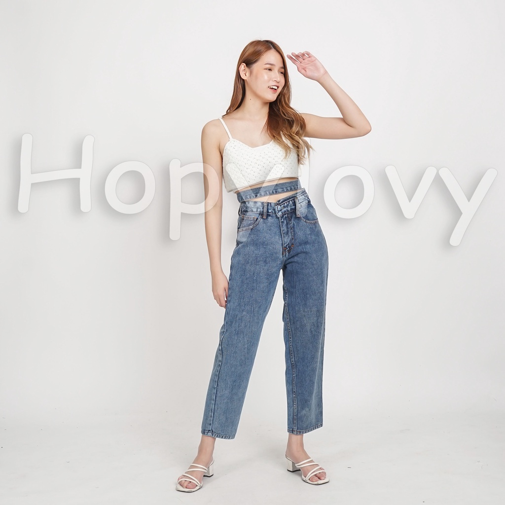 HOPYLOVY Celana Boyfriend Loose Jeans Wanita Pinggang Tali Double BF Highwaist Aneta