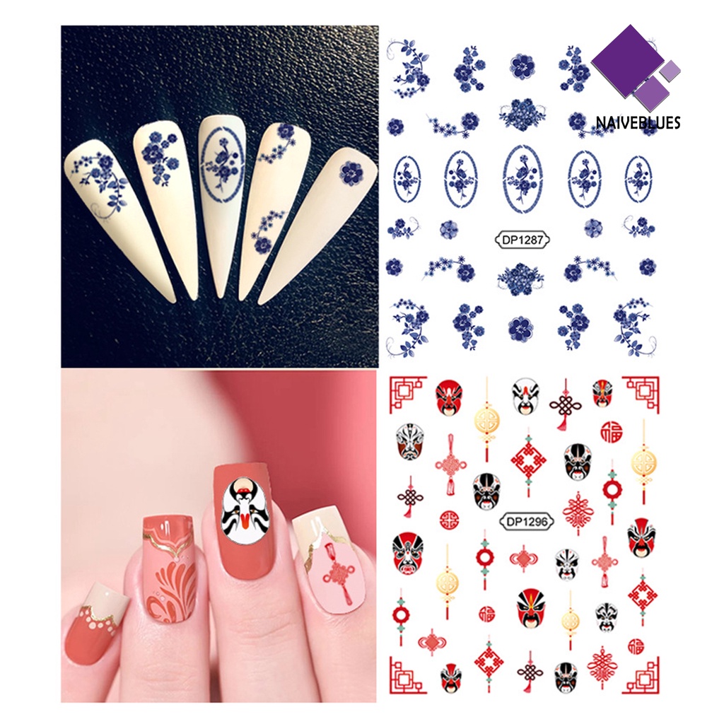 Naiveblue &gt; Stiker Kuku DIY Motif Bunga Model China Untuk Nail Art