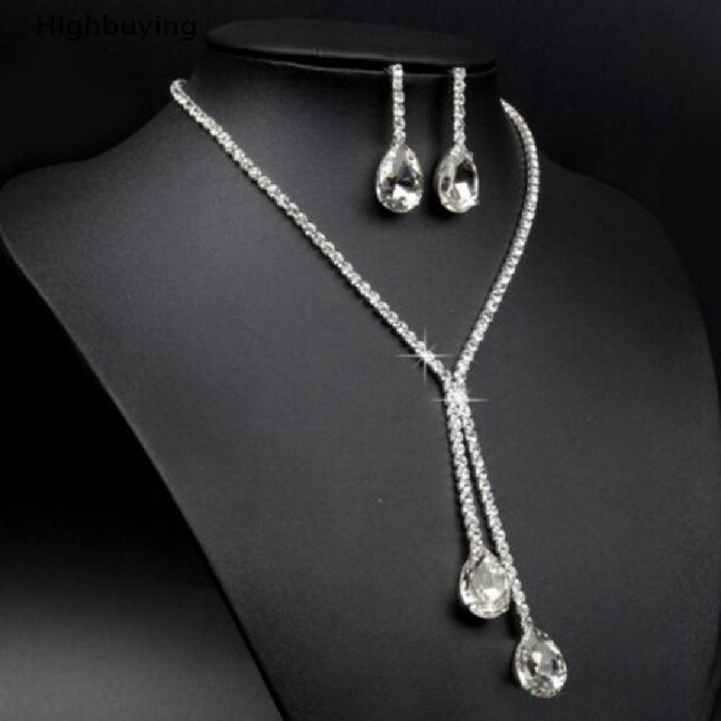 Hbid Set Kalung + Anting Gantung Kristal Berlian Imitasi Bentuk Tetesan Air Mewah Untuk Wanita