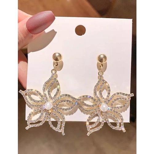 LRC Anting Tusuk Fashion Golden Alloy Rhinestone Pentagram Stud Earrings V57122