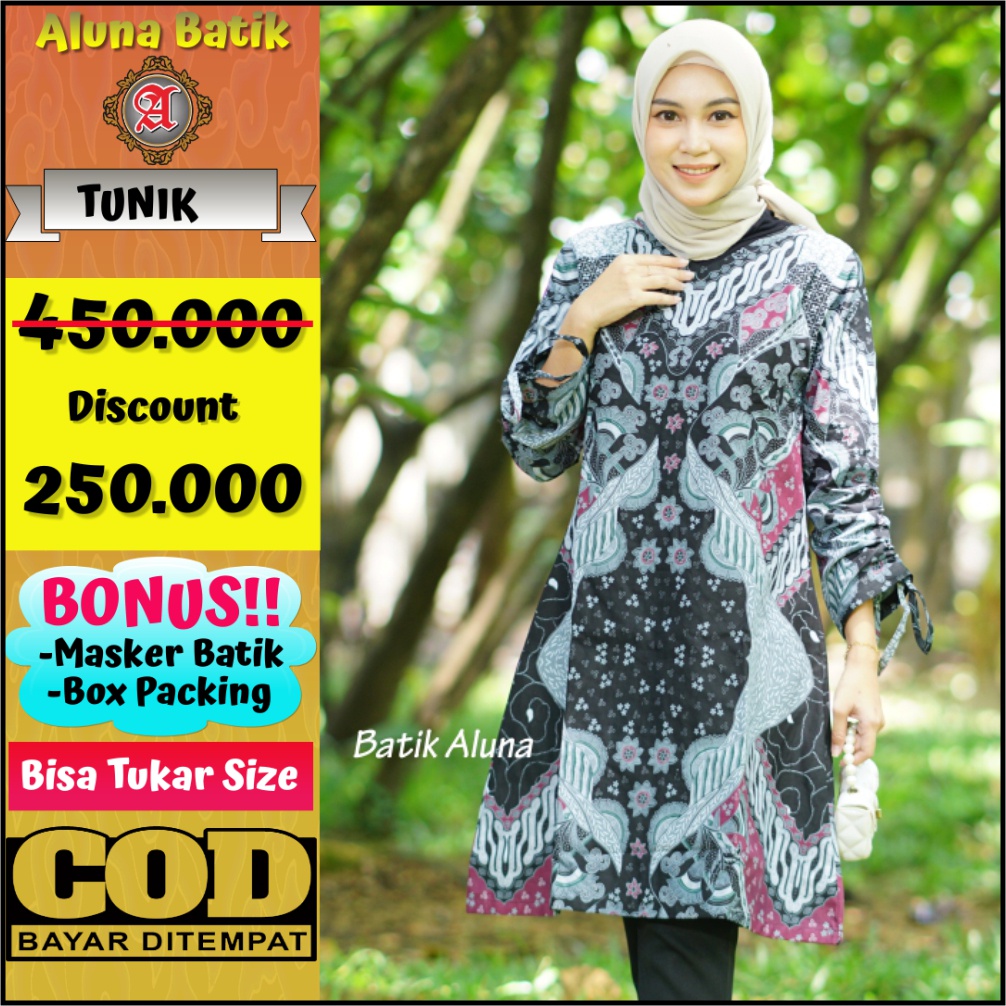 Baju Wanita Blouse Batik Tunik Katun Premium Adhem Cocok Untuk Kerja Batik Aluna TBA 104