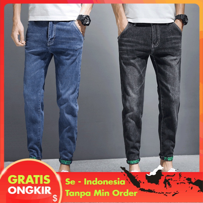 Cropped Jeans Pria A Korea Slim-Fit Celana Jeans  Kasual Elastis Tren