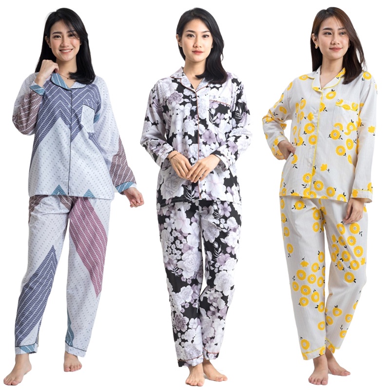 TPJ Baju Tidur Wanita Piyama Dewasa Setelan Lengan Panjang Bahan Katun Rayon One Set Sleepwear Premi