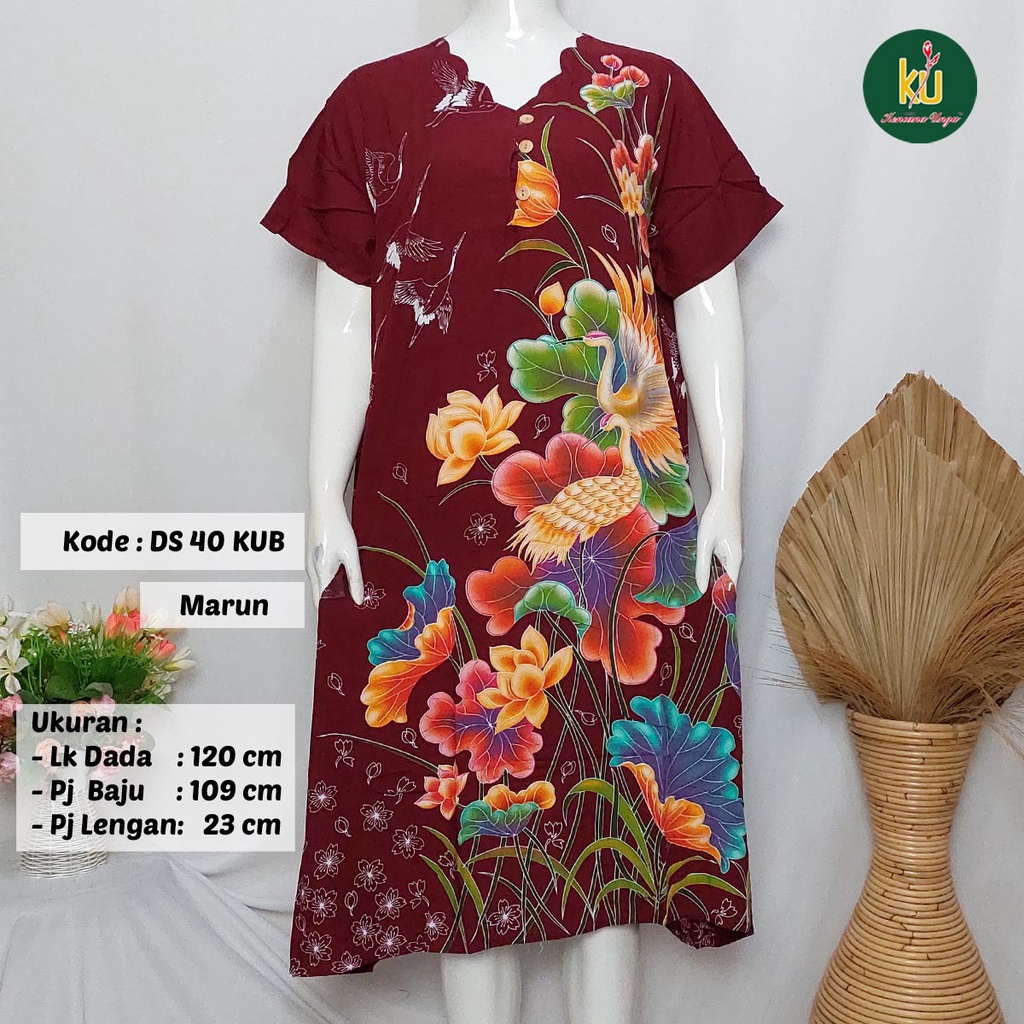 COD DS40 KUB | Daster Batik Kencana Ungu Asli Label Biru Ukuran Jumbo | Baju Santai Tidur Wanita Dewasa Kancing Depan Busui Friendly Motif Terbaru-Marun E