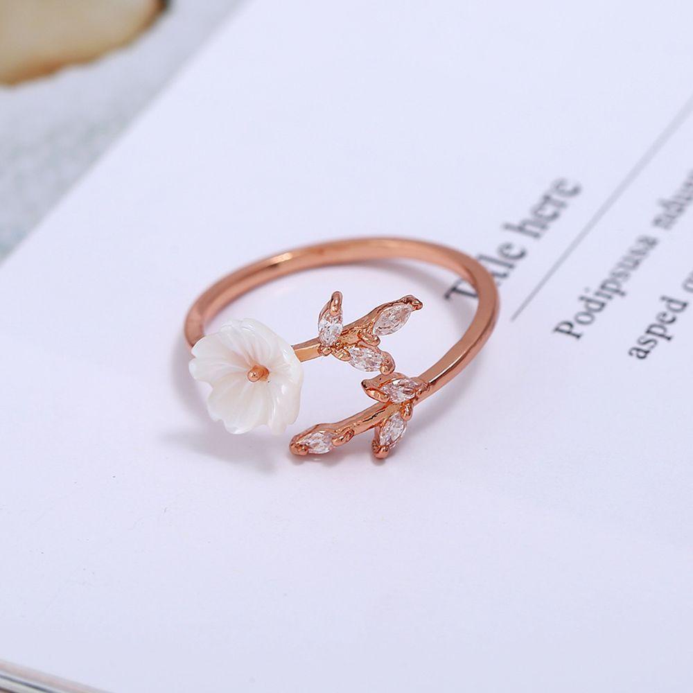 Needway Cincin Terbuka Daun Rose Gold Putih Zircon Shell