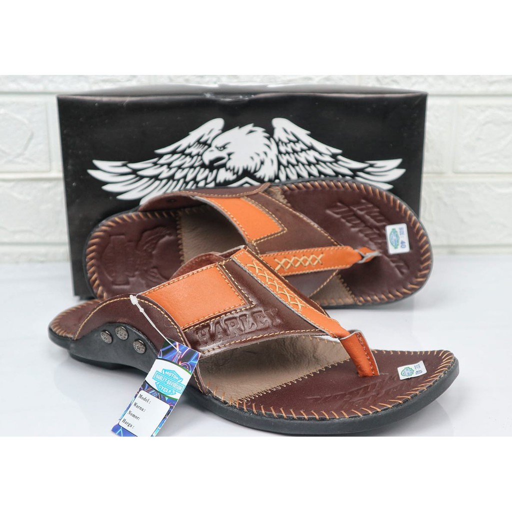 Terbaru Sandal Pria Kulit Sapi Asli Harley Davidson Real Leather Cow Sendal Jepit Rempel Casual Pria