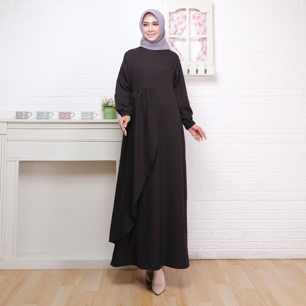 Modesee Gamis Putih Hitam Polos Basic Layer Busui Wanita Muslim Mina Dress, Gamis S M L XL XXL, Gamis Jumbo 2XL 3XL 4XL 5XL-Black 5XL