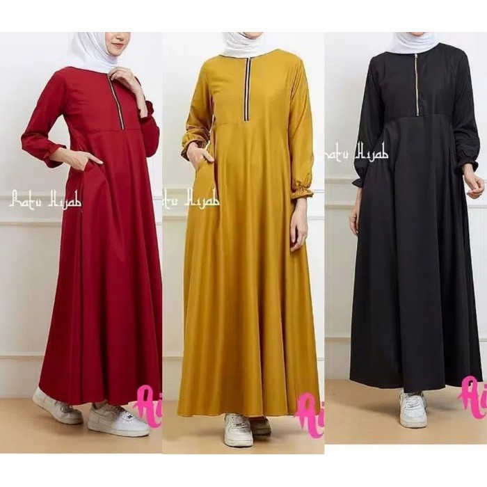TRENDY Pakaian wanita muslim syari setelan ramadhan lebaran Gamis kuning hitam merah marun dress max