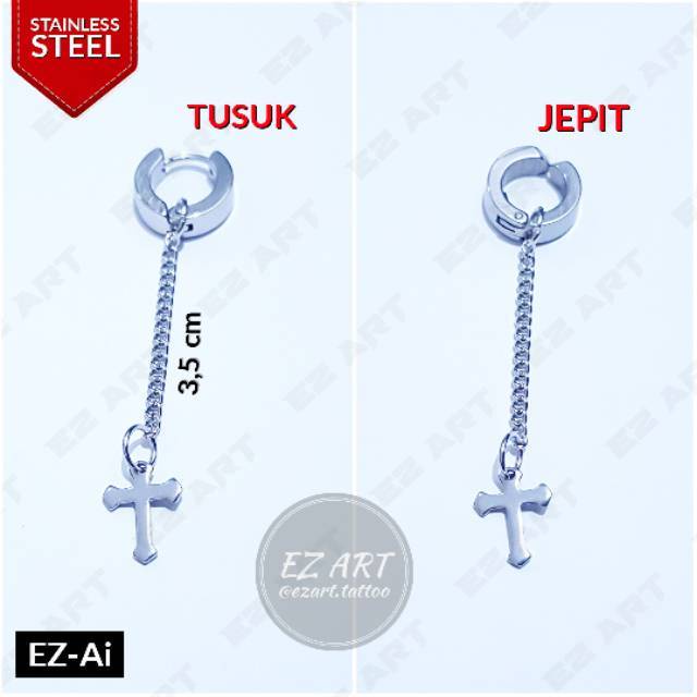 1Pc Model EZ-Ai Silver Anting Salib Rantai untuk Pria dan Wanita Jepit Tusuk Variasi Bandul