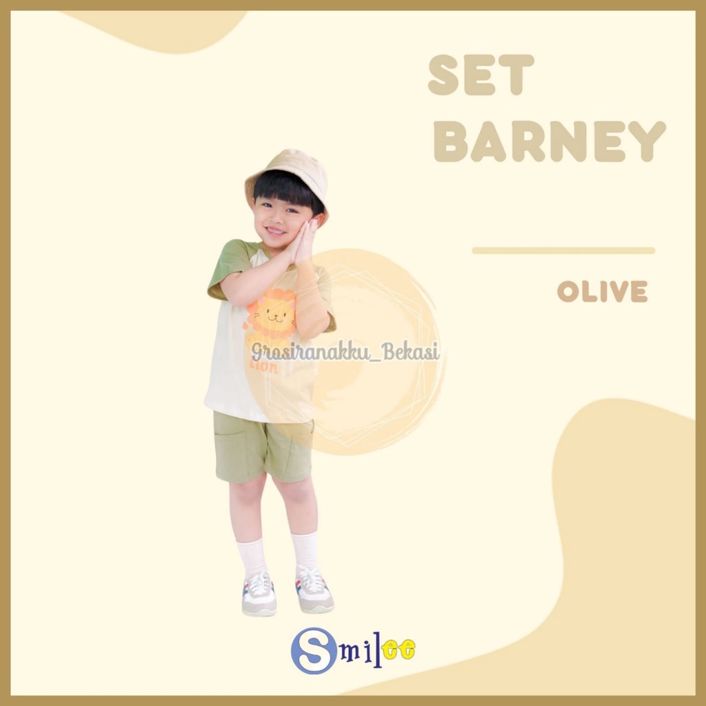 Setelan Anak Unisex Barney Smilee Warna Olive Lion Size 1-5 Thn