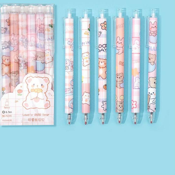 

✿ MYUME.STORE || 6 PCS/BOX PENA GEL SET LUCU Pulpen Gel Mekanik Black Ink 0.5mm Fine Point Cute Cartoon Bear Manual Gel Pens !!!