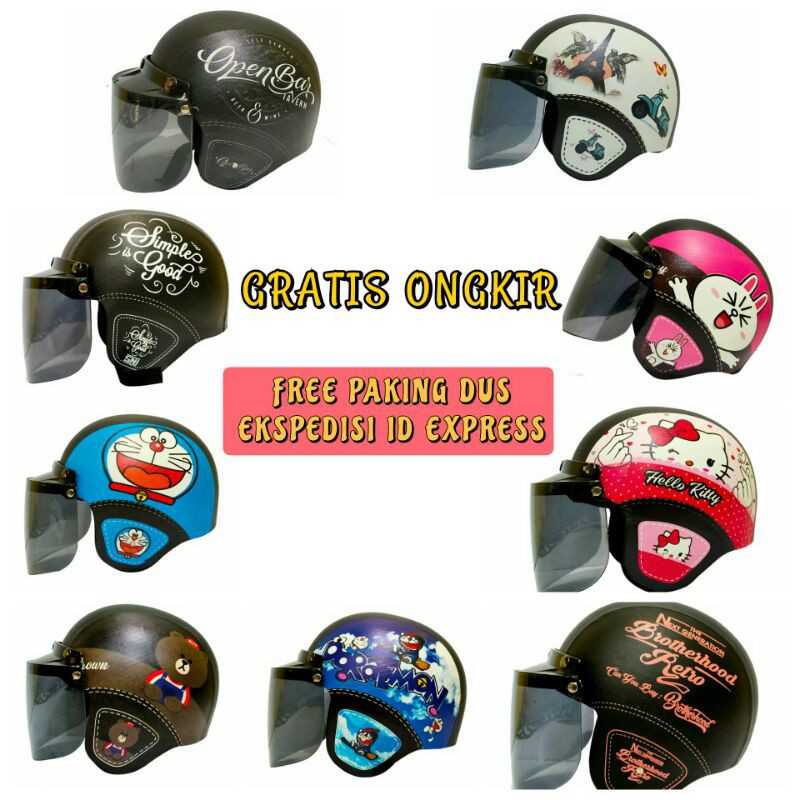 Helm Bogo Dewasa Kaca Datar Retro Kulit Motif Ukuran M/L