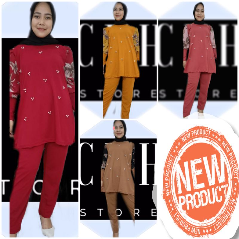 SETELAN VOXY MUTIARA (5477) SET PAKAIAN WANITA MUSLIM - SETELAN CELANA BAHAN VOXY LENGAN BUNGA [COD]