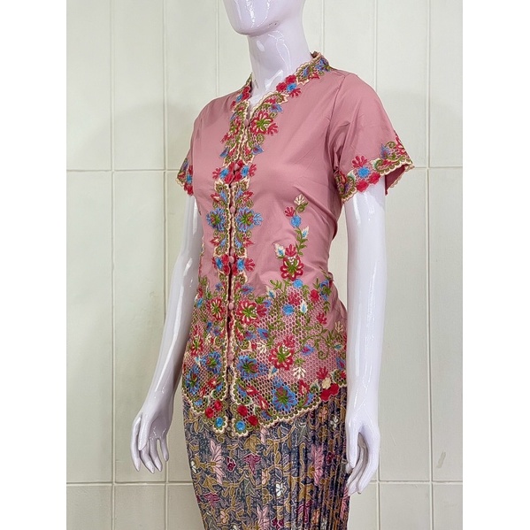 ESW01 - Daliyu KEBAYA ENCIM LENGAN PENDEK BORDIR WARNA Katun Stretch / S M L XL-Pink