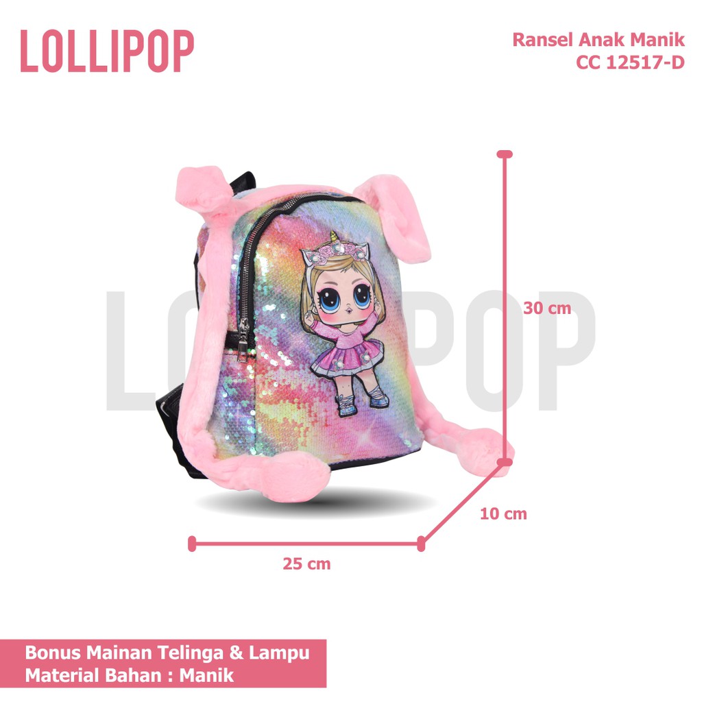 [KLIKTAS] Tas Ransel anak LOL Bunny Head 12517 / SEQUIN Lampu Manik Usap Kuping Gerak