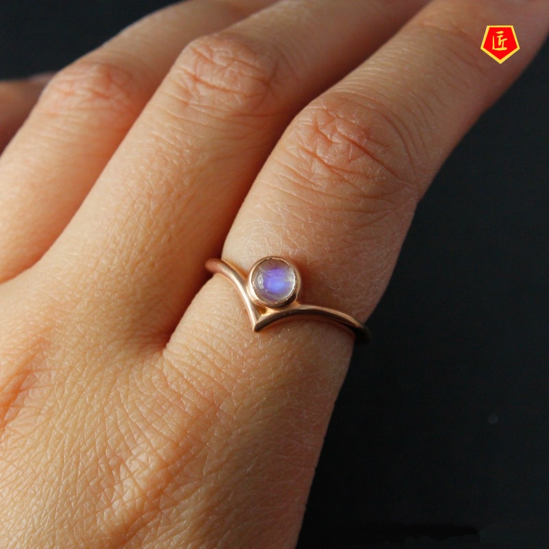 [Ready Stock]Creative round Moonstone Geometric Triangle Ring 14K Gold Personality