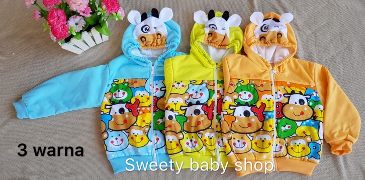 Jaket bayi topi telinga binatang full print 6-12m lucu murah / mantel bayi sapi jerapah kelinci