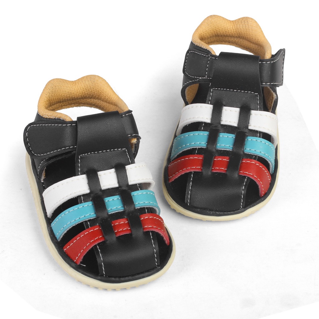 Sandal Anak Laki Laki Velcro Model Anyam HS Cream Hitam