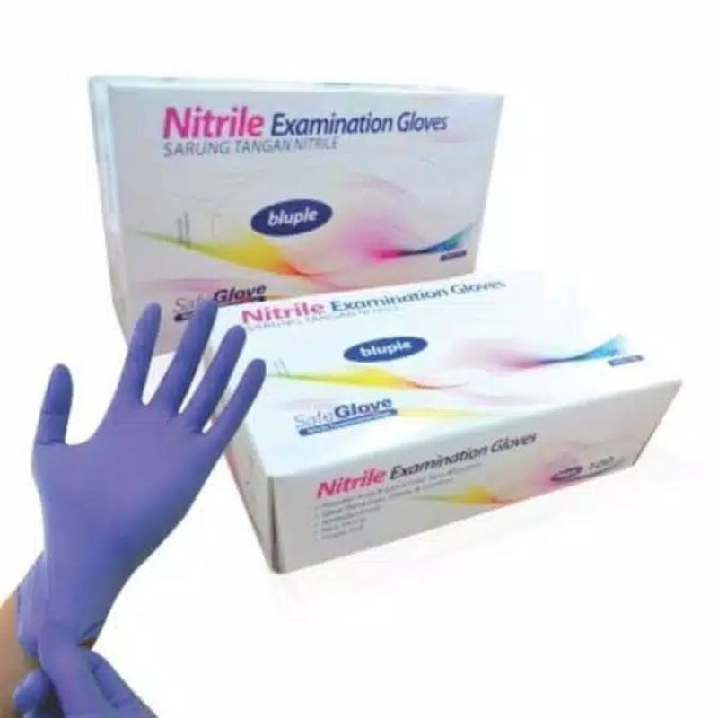 Sarung tangan nitrile bluple handscoon karet non powder safeglove safe glove gloves