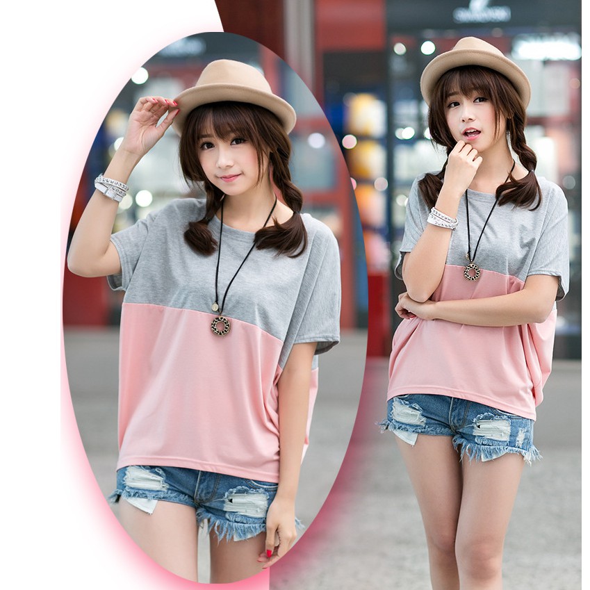 Atasan Korean Style T-shirt Casual Kaos Wanita Longgar Kaos Kelelawar Lengan Pendek Kaos Adem Bagus