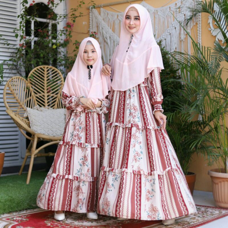 Baju Gamis Couple Ibu dan Anak Perempuan Wanita Muslim Terbaru 2021 Set Kerudung Adinda Kid Kekinian