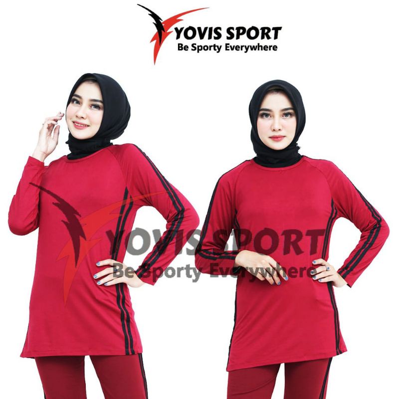 kaos atasan senam wanita lengan panjang-marun lis hitam