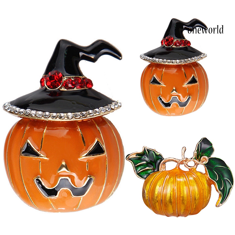 OW@ Halloween Pumpkin Rhinestone Inlaid Enamel Brooch Pin Sweater Shirt Collar Badge