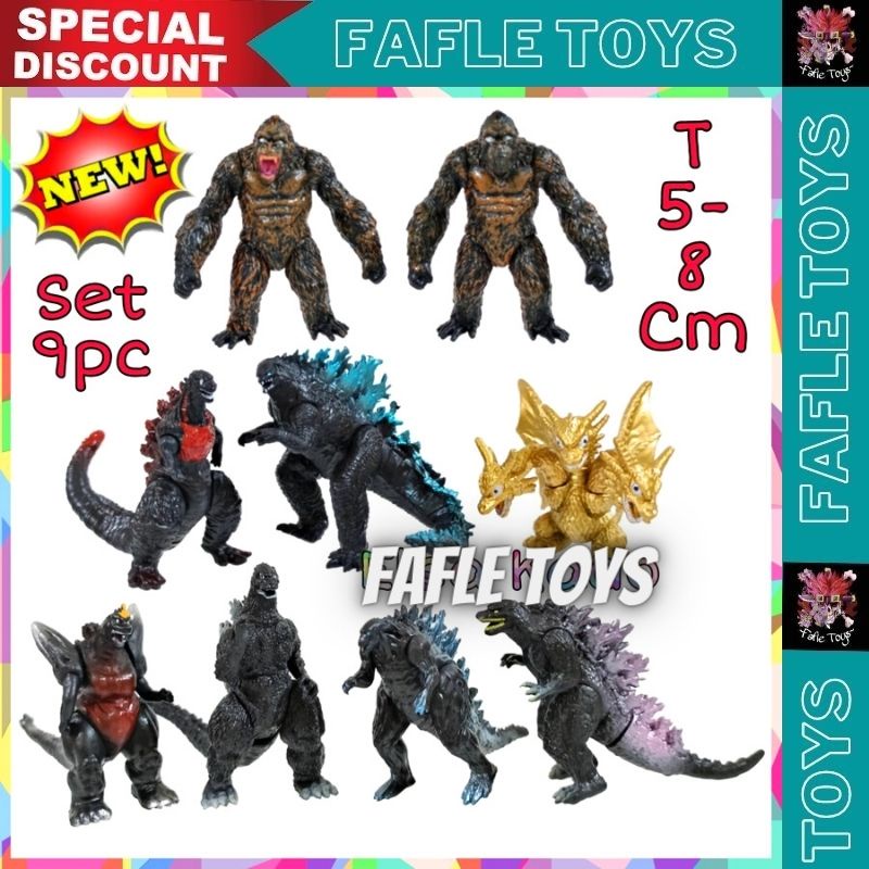 Figure Godzilla vs King Kong Set Isi 9 Mainan Topper Cake Hiasan Kue / Action Figure Godzilla Vs Kin