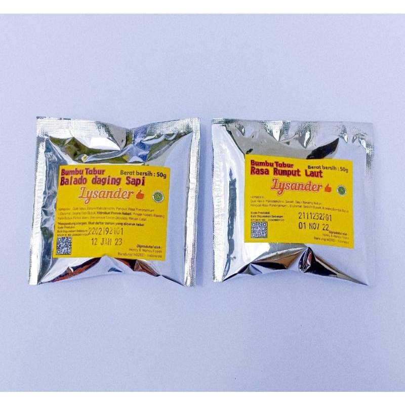 

Lysander Bumbu Tabur Tipe R 50gr : Balado Daging Sapi dan Rumput Laut.
