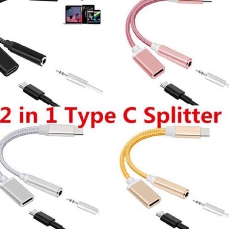 Kabel Splitter 2in1 USB Tipe-C Untuk Jack 3.5 Audio AUX Jack+ Charger C Tali Sepatu