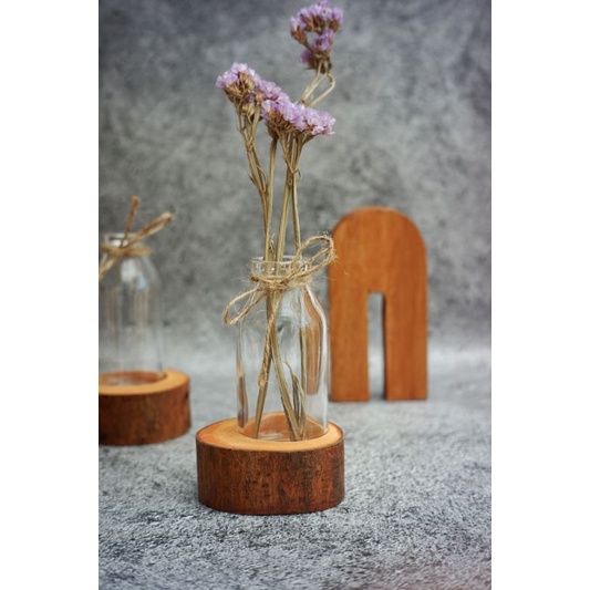 vas bunga kaca mini dan tatakan kayu/ glass vase/ flower vase
