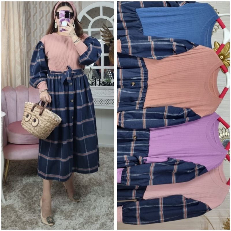 MIDI KNIT MIX FLANEL KOTAK BY MEIJIEWANG