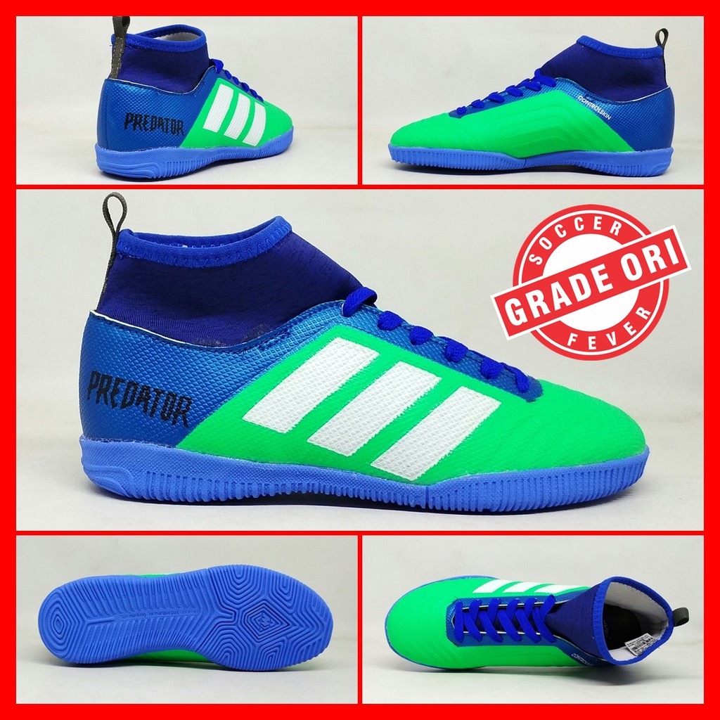 Sepatu Futsal Anak Adidas Predator Hijau Biru List Putih Boot Kids